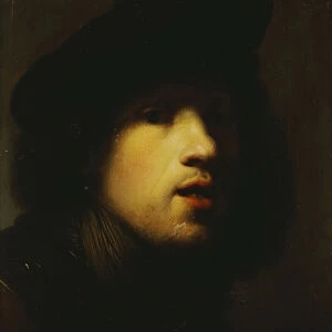Portrait of the artist, head and shoulders, in a black beret and a gorget (oil on panel)