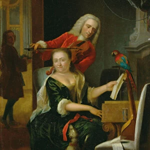 Portrait of a gentleman and his wife making music in an interior (oil on panel)