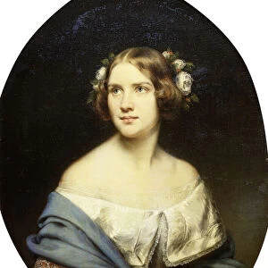 Portrait of Jenny Lind, standing half length in a White Dress and a Light Blue Shawl