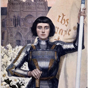 Portrait of Joan of Arc with flag and lilies on the background of Notre Dame Cathedral by
