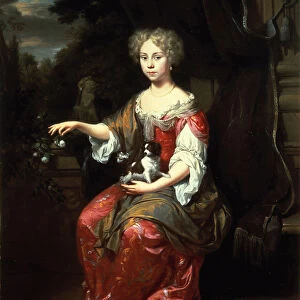 Portrait of a Lady holding her pet King Charles Spaniel (oil on canvas)