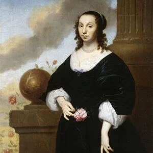 Portrait of a Lady, standing three-quarter length, wearing a Black Satin Dress with White