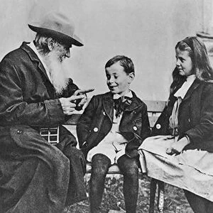 Portrait of Lev Nikolaevich Tolstoy (1828-1910) with his Grandchildren (b / w photo)