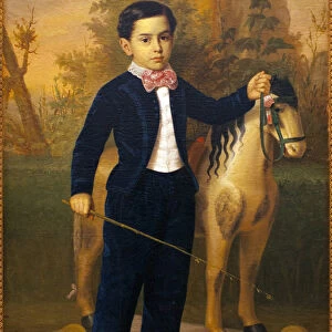 Portrait of a little boy with a wooden horse. Painting by Antonio Maria Esquivel