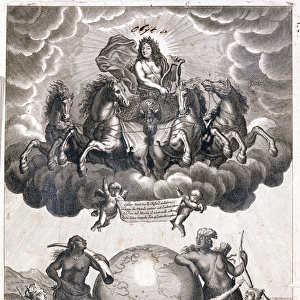 Portrait of Louis XIV, flying over a terrestrial globe, title page (Engraving, 1717)