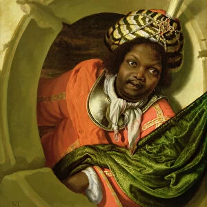 Portrait of a Moor holding a flag at a window (oil on panel)