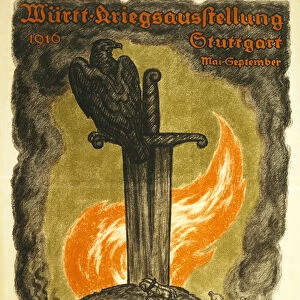 Poster advertising a War Exhibition sponsored by the Red Cross "Wurtt. Kriegsausstellung, 1916 Stuttgart Mai-September", c. 1916 (colour litho)
