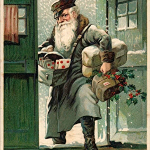 Postman with Christmas letters and parcels (chromolitho)
