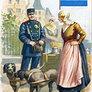 A Postman in Holland talking to a woman delivering milk in a dogcart