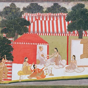 A prince trying to pull a lady into his tent; a maid and friends look on in surprise, c