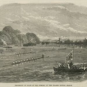Procession of boats at the opening of the Thames rowing season (engraving)