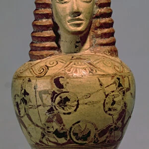 Proto-Corinthian aryballos with a human head, decorated with a scene of combat, c