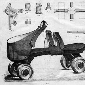 Prototype of roller skates. Engraving in "The Illustrous Universe", 1876