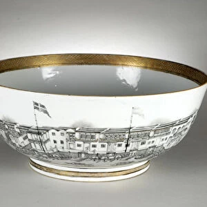 Punch bowl painted with warehouses or Hongs, Canton (Guangzhou), 1736-95 (porcelain)