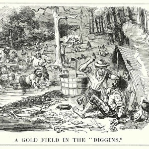 Punch cartoon: A Gold Field in the "Diggins": gold rush in Australia (engraving)