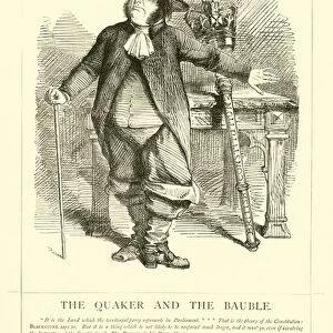 Punch cartoon regarding John Bright: The Quaker And The Bauble, 5 February 1859 (engraving)