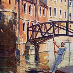 Punting, Queens College (colour litho)