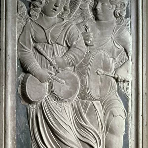 Two putti, one playing the tabor, the other playing the nakers, from the frieze of musical angels in the Chapel of Isotta degli Atti, by Agostino di Duccio (1418-81), c.1450 (marble)
