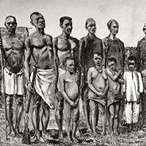 Pygmy natives as compared with English officers, Sudanese and Zanzibaris, 1890 (wood