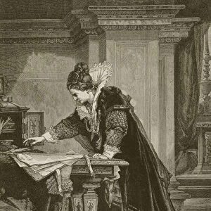 Queen Elizabeth signing the death warrant of Mary Queen of Scots, engraved by C