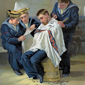 The Queens Barber, British Navy sailor getting a haircut, c. 1888 (litho)