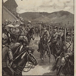 The Queens Jubilee Review at Aldershott, Saturday, 9 July, Brecknock and Berks Mounted Infantry marching past (engraving)