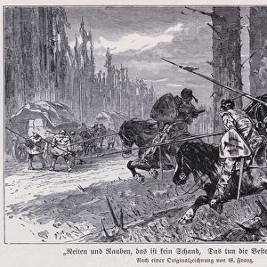Raid on a wagon train by medieval robber knights (engraving)