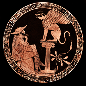 Red figure Attic kylix depicting Oedipus and the Sphinx, Vulci, c. 470 BC (ceramic)