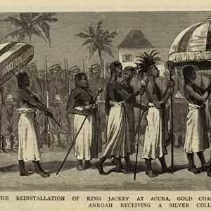 The Reinstallation of King Jackey at Accra, Gold Coast, by Sir Samuel Rowe, KCMG, Chief Adjebing Ankoah receiving a Silver Collar from the Governor (engraving)