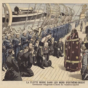 Religious ceremony on board the flagship of the Russian fleet in the Far East, Russo-Japanese War (colour litho)