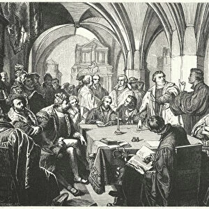 Religious debate between Martin Luther and Huldrych Zwingli at the Marburg Colloquy, 1529 (engraving)