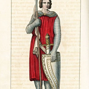 Renaud or Bernard, son of William II (William II) Count of Tonnerre, died 1148 on a crusade in Latakia, Syria. He wears a suit of chainmail under a tunic, and holds a lance with banderole, sword, and buckler (shield) without heraldic coat of arms