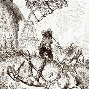 Representation of Don Quixote and the windmills Engraving by Gustave Dore (1832-1883) for "L'Ingenieux Hidalgo Don Quixote de la Manche (Quixote - Quijote)" by Miguel de Cervantes (1547-1616) 1863 Private collection