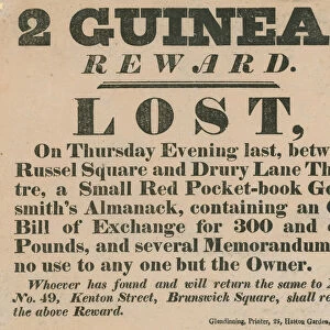 Reward notice offering 2 guineas for the return of a small red pocket-book (engraving)