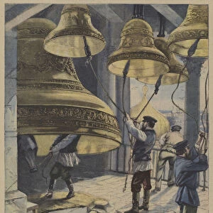 Ringing the bells of Moscow to announce the birth of the Tsarevich Alexei (colour litho)