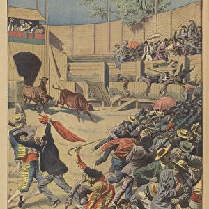 Riot at a bullfight in Portugal (colour litho)