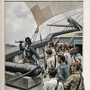 Robert Surcouf (1773-1827), French sailor on the boat "Chance"in 1795. Colour board from Alfred Paris watercolour, 1895