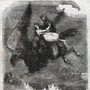 Roger (Ruggero, Ruggiero) and Angelique (Angelica) on the hippoclaw - engraving from 1851