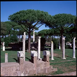Roman art: view of the ruins of the Temple of Ceres, archeological site of Ostia