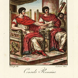 Two Roman consuls seated on thrones in ancient Rome. 1796 (engraving)