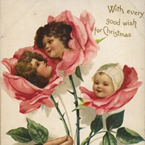 Roses containing childrens heads, Christmas card (chromolitho)