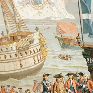 The royal flag of France flying over a French navy ship of the 18th century