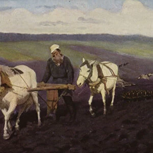 Russian writer Leo Tolstoy ploughing in the fields, c1887 (colour litho)
