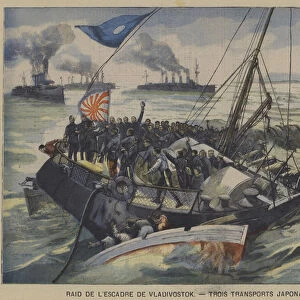 The Russo-Japanese War: three Japanese transport ships sunk in a raid by the Vladivostok Squadron (colour litho)