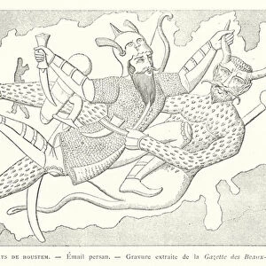 Rustam, hero of the Persian epic poem the Shahnameh, fighting a demon (engraving)
