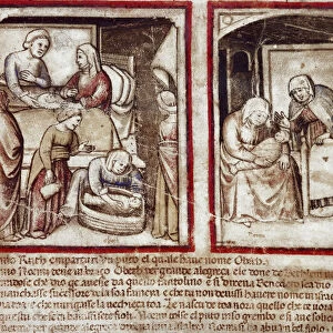 Ruth gives birth to Obed (Obeth) son of Boaz (Booz) Miniature from codex 212