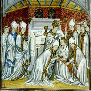 Sacre of Louis VI (1108) - Illumination of manuscript on velin of the Middle Ages "