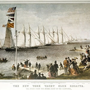 Sailboat regate at the New York yacht club in 1844 (19th century print)