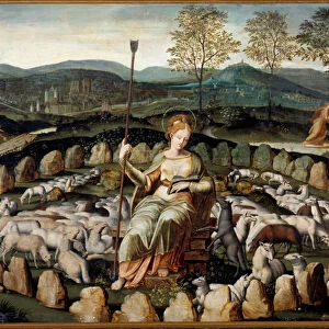 Sainte Genevieve, patron saint of Paris, keeping her sheep Painting of the French school