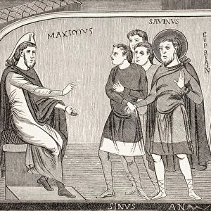 Saints Savin and Cyprian confessing to Proconsul Galerius Maximus that they are Christians